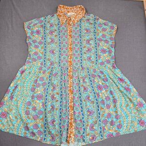 Anthropologie Easel Size 1X Floral Geometric Tunic Mini Dress Button-Up Boho